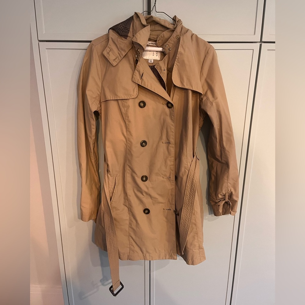 Hooded tan trench coat